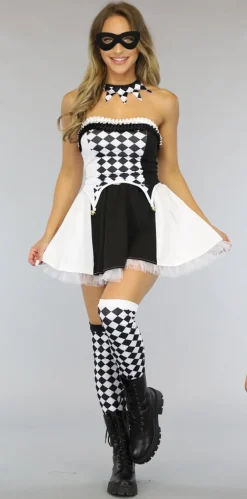 Zwart/Wit Pierrot Kostuum met Kousen
