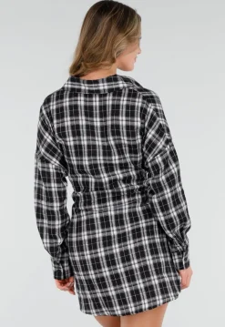 Zwart Witte Geruite Blouse Jurk met Strikmouwen