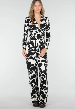 Zwart-Witte Stretch Jumpsuit met Print en Overslagtop