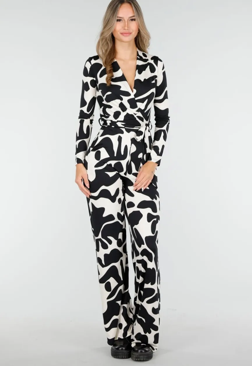 Zwart-Witte Stretch Jumpsuit met Print en Overslagtop
