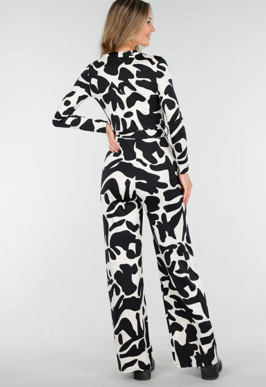 Zwart-Witte Stretch Jumpsuit met Print en Overslagtop